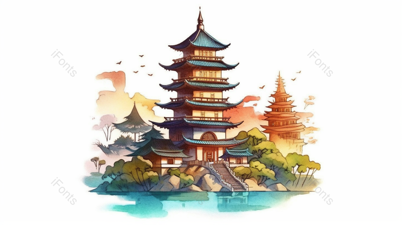 宝塔佛塔风景山水卡通插画,插画/手绘图,插画/手绘图库,插画/手绘图下载,插画/手绘